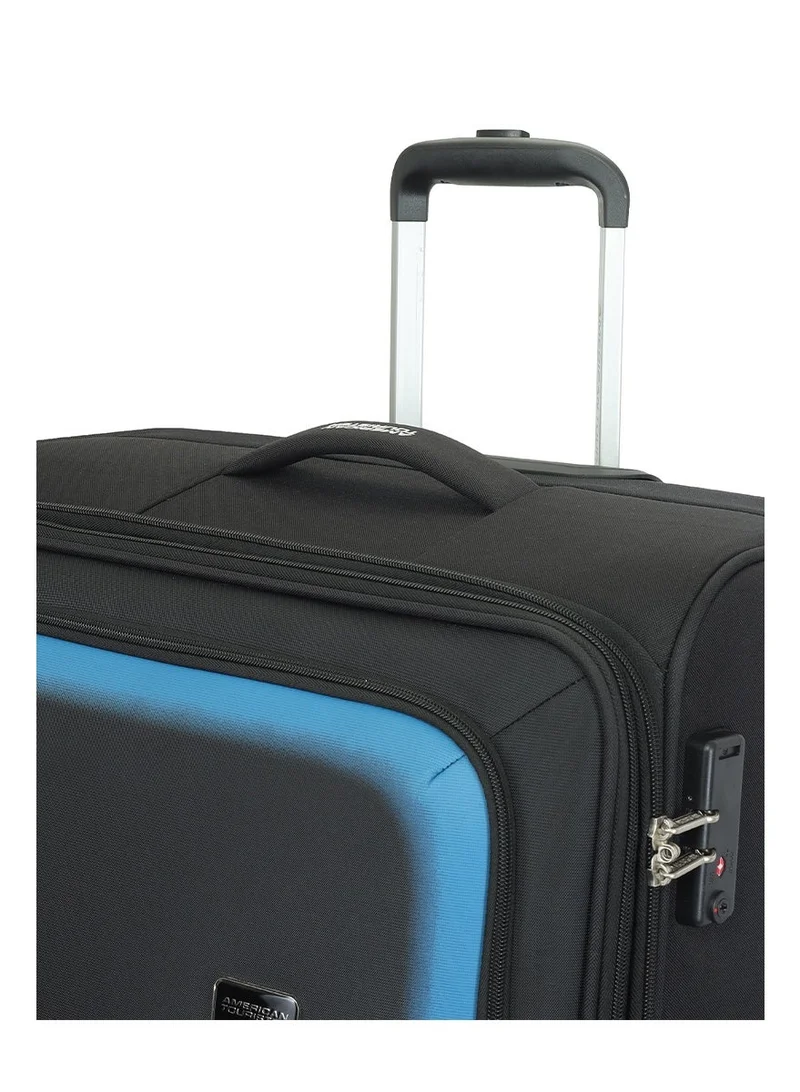 AMERICAN TOURISTER black Seville Suitcase, Check-in Size 81 cm / 30 inch, 4 Wheels, Soft Top, Polyester, Black|TSA Lock|Front Storage Compartment|Inner Mesh Zippered Pocket - 3 Years International Warranty  | Best Price UAE
